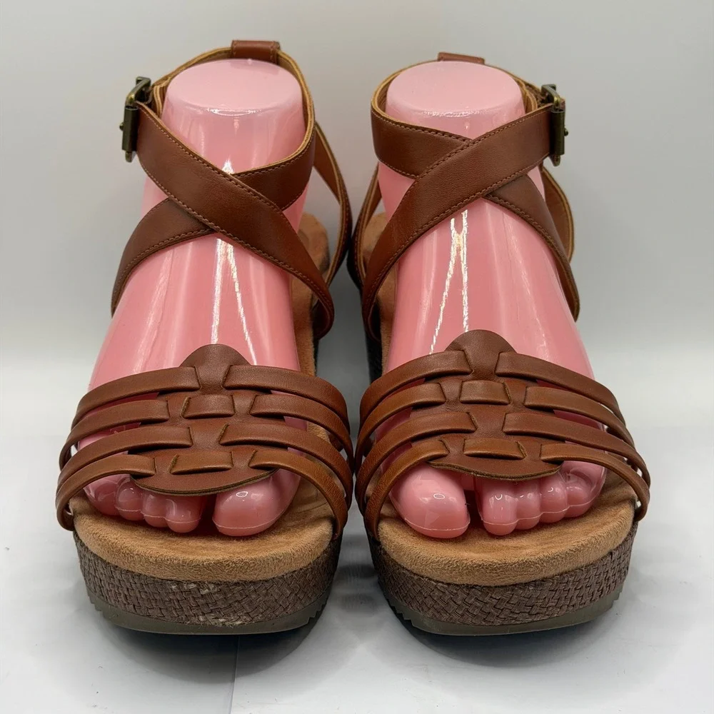 Vionic Clarisa Tan Leather Raffia Wedge Sandals Strappy Platform Brown 8